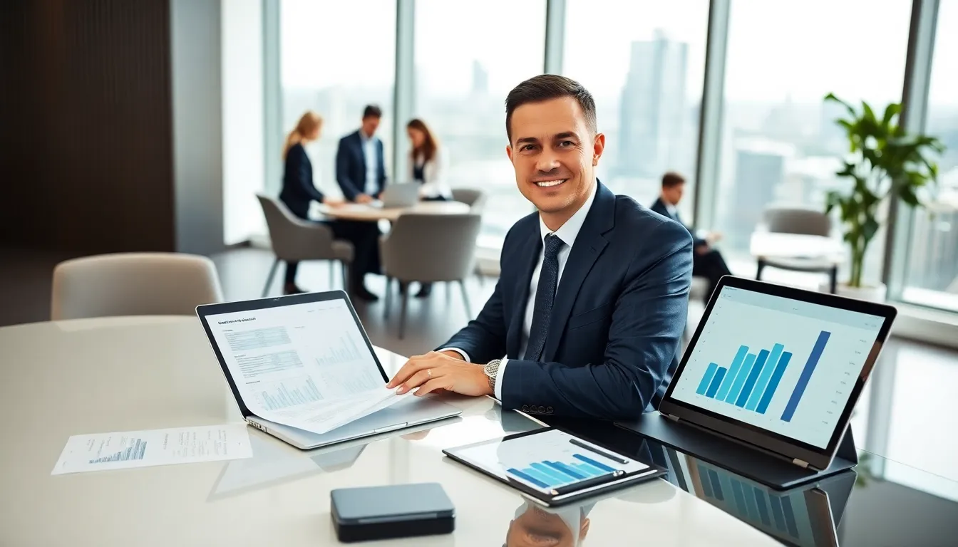 brisbane accountant working in a modern office with financial documents and team