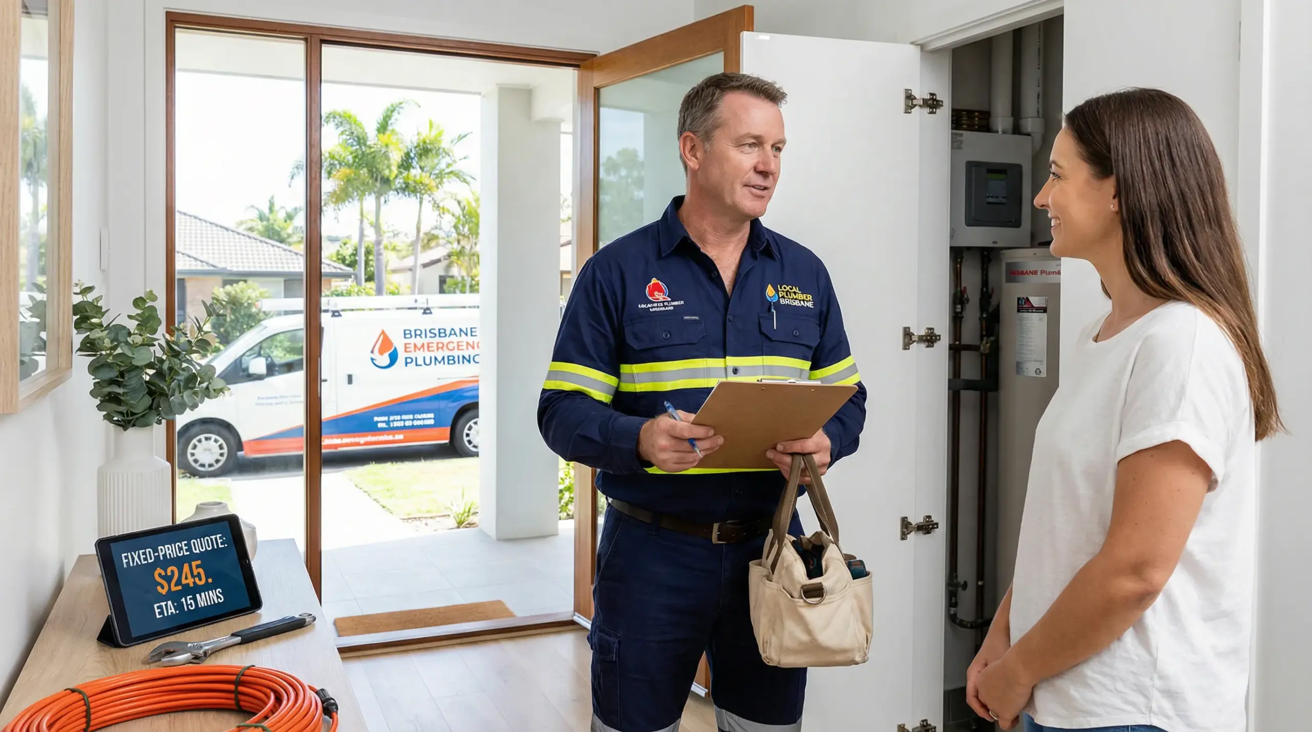 licensed plumber in brisbane discussing an emergency repair quote with a homeowner
