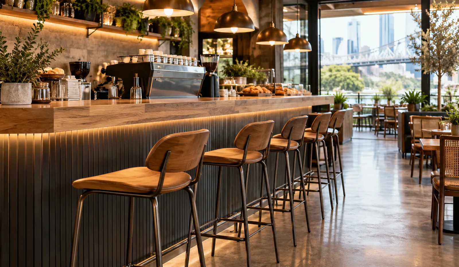 Bright cafe interior with modern bar stools at a high counter